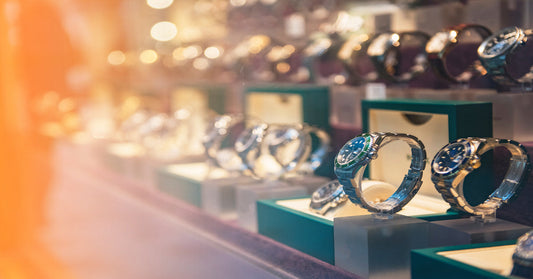 Side view at an angle of luxury watches in a display case. Some are shown in their open boxes; others are on stands.